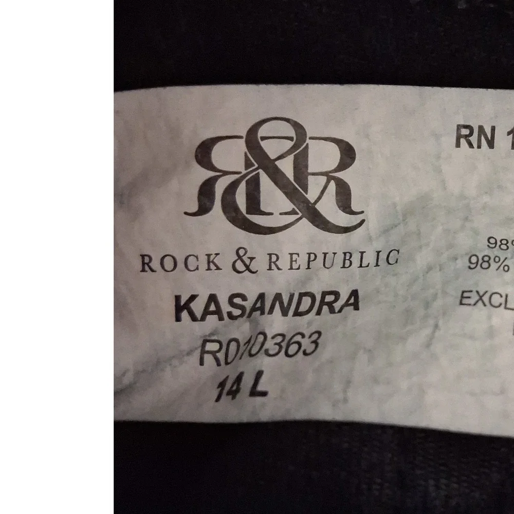 Rock & Republic Size 14L Women's Kassandra Black Sequin Logo Stretch Denim Jean